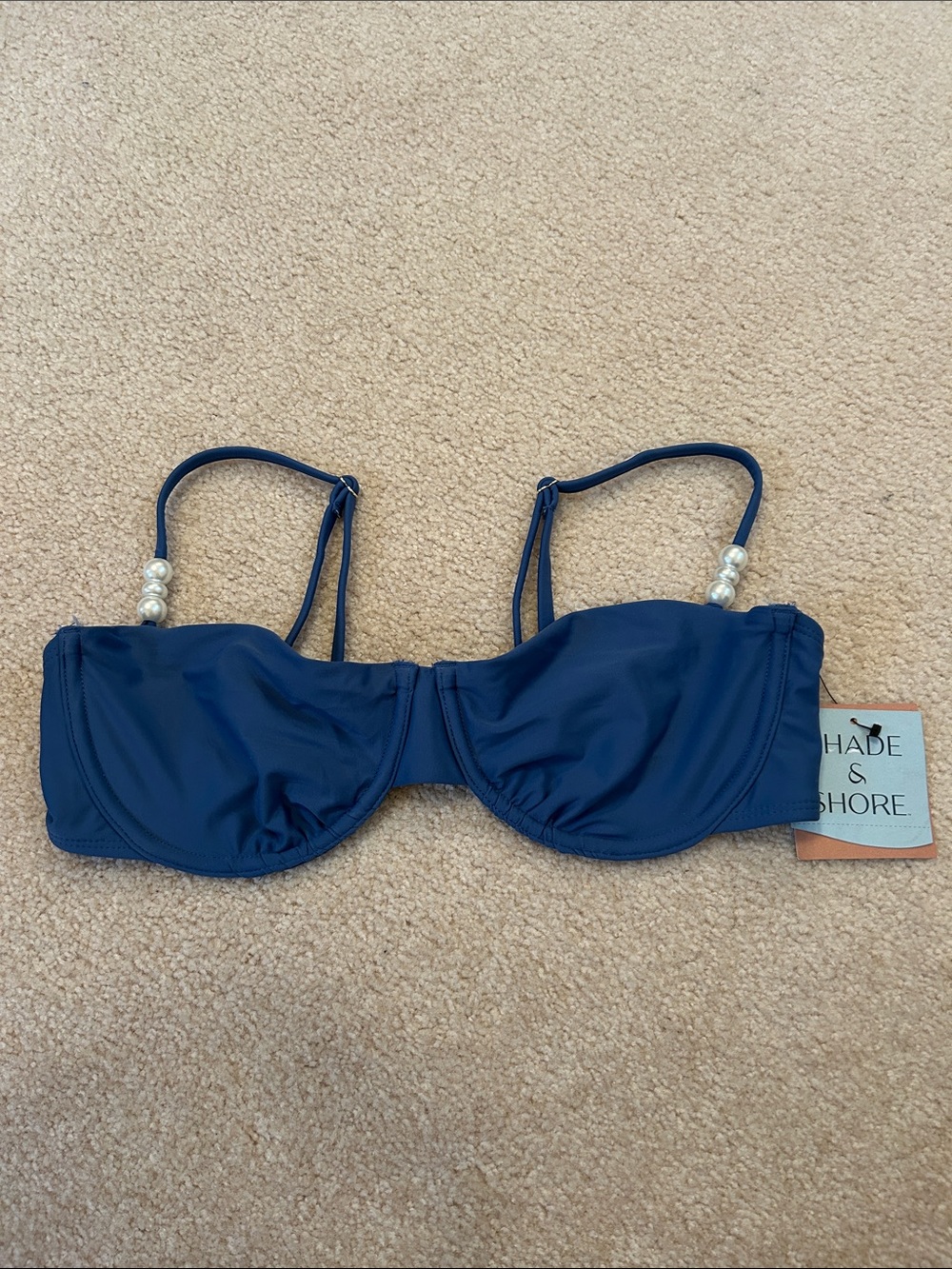 Shade & Shore Dark Blue Pearl-Trim Bikini Top
